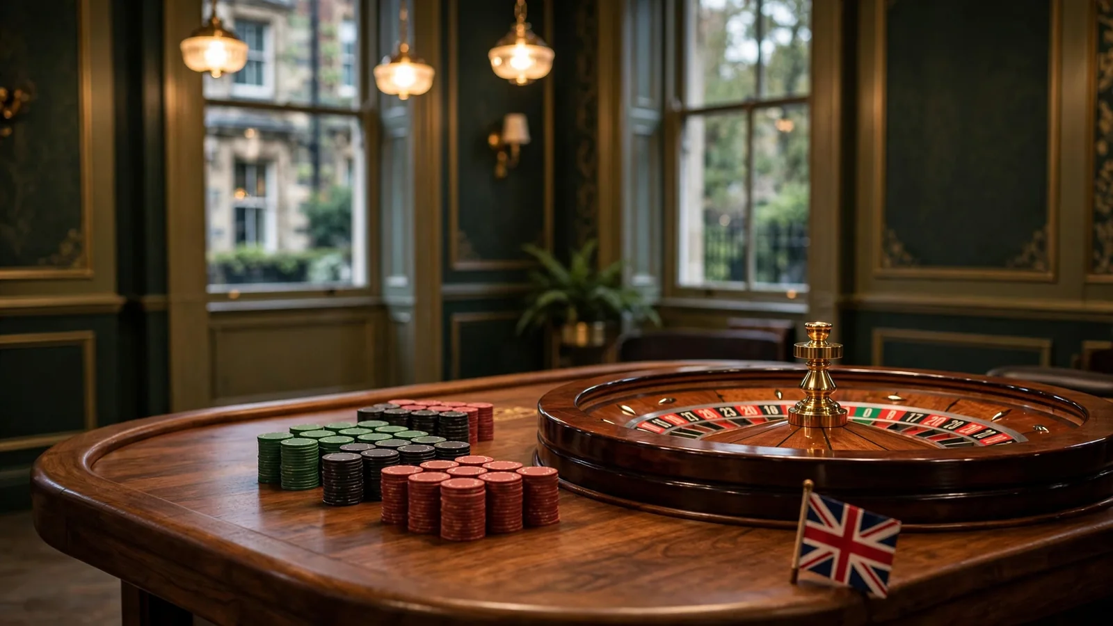 Licensed UK casino table with chips, roulette wheel and small Union Jack flag