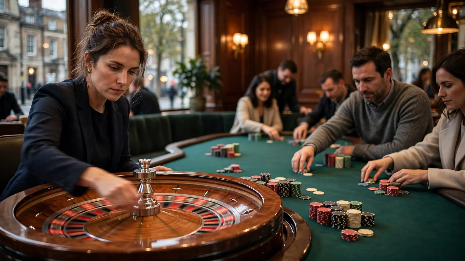 English-speaking dealer spinning a roulette wheel in a UK casino studio