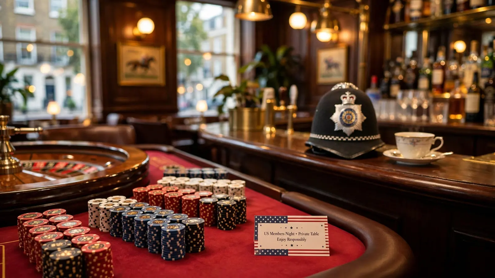 London casino lounge with roulette table, chips, and US-UK cultural accents