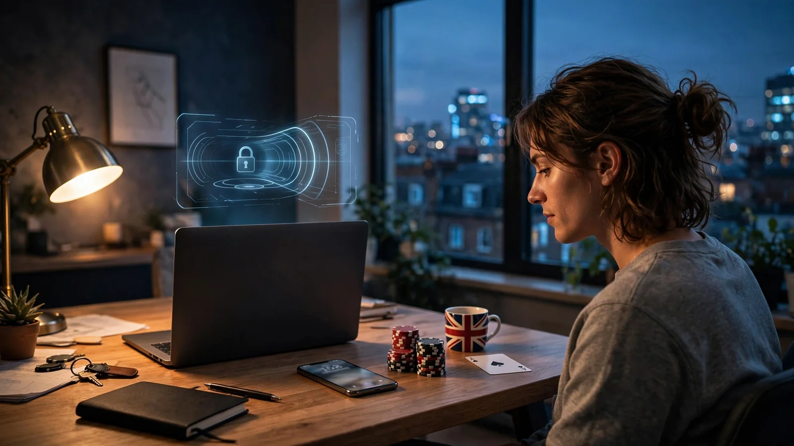 Person at London desk with laptop, poker chips, and a subtle VPN privacy motif at dusk.